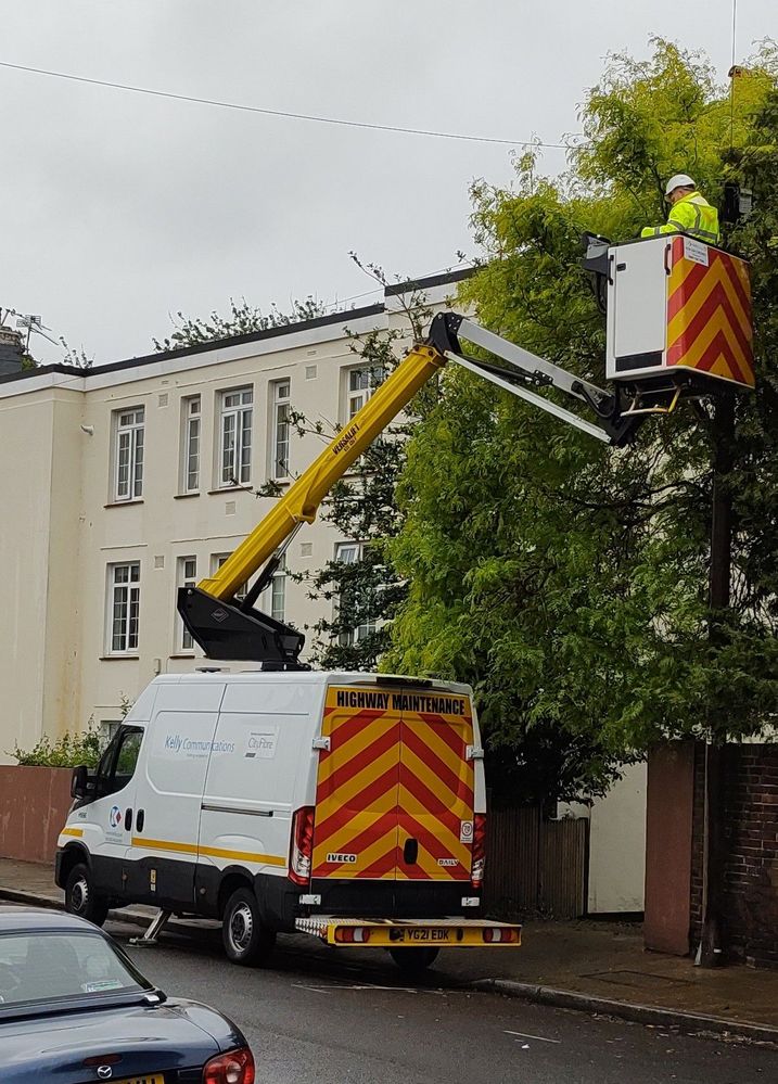 Installation company (Kelly Communications here) subcontracted by CityFibre itself subcontracted by your ISP connects a high fibre cable between the telegraph pole