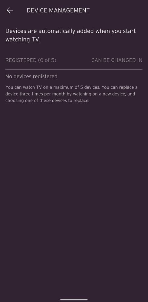 Device Management screen on Virgin TV GO app