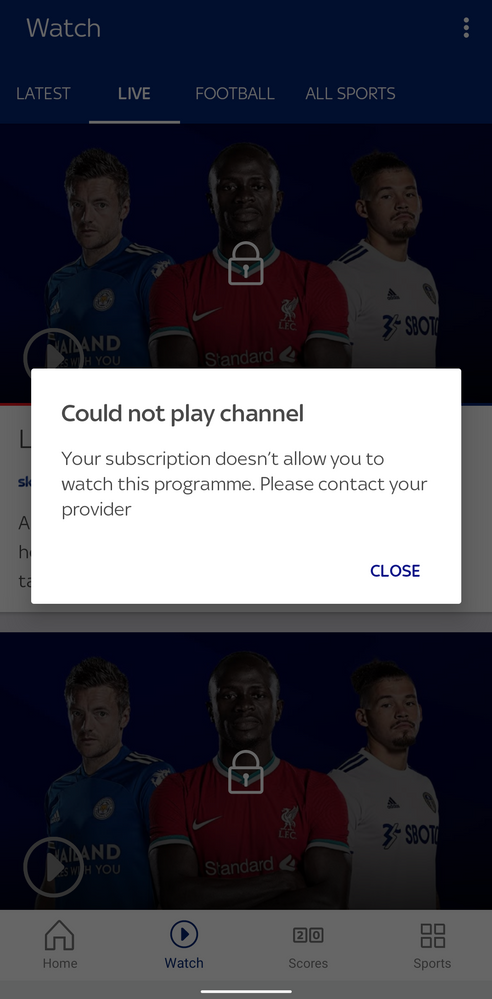 Sky Sports app - Logged in with my Virgin Media account