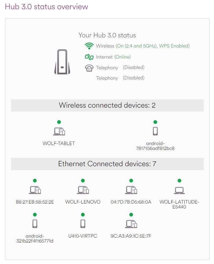 Super Hub 3 Status overview showing multiple connected LAN Ethernet and Wireless Devices